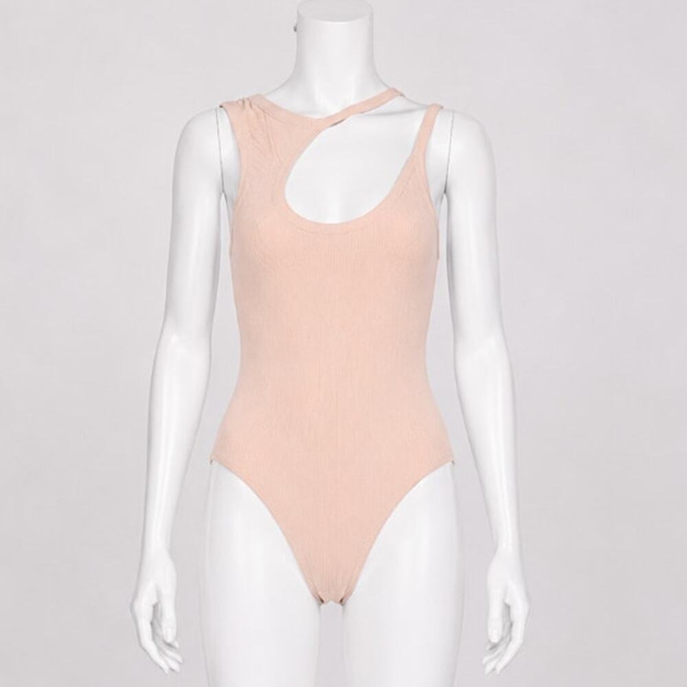 Alix NYC Tan Allen Asymetrical Scoop Neckline Sleeveless Ribbed Knit Bodysuit SM